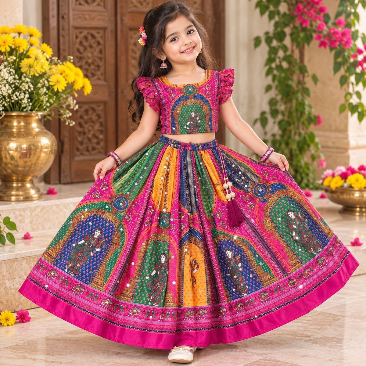 Navratri Designer Chinon Silk Lehenga Choli with Digital Print, Hand Mirror Work & Fancy Latkan Dori