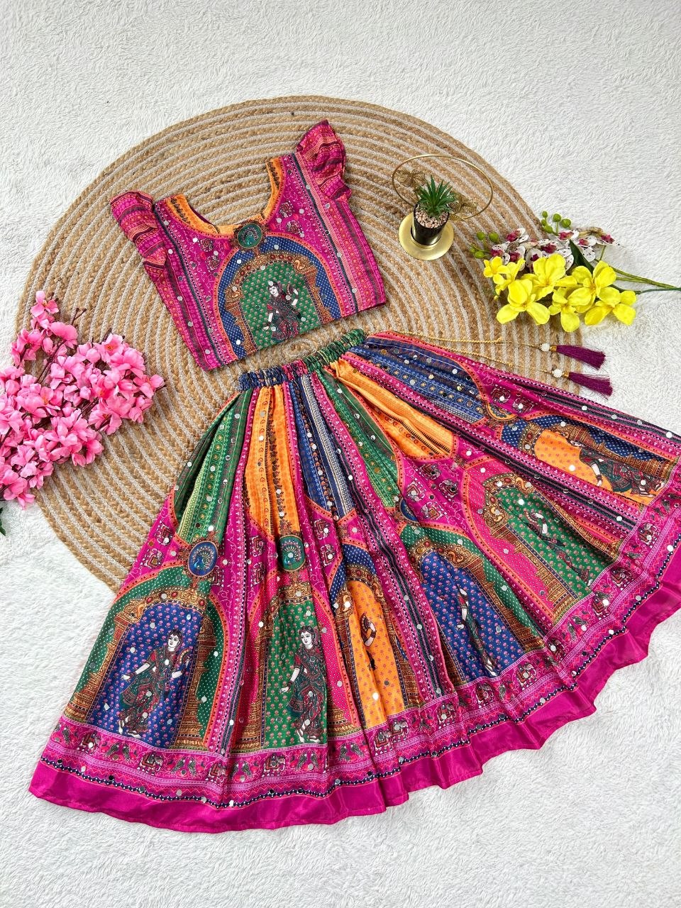Navratri Designer Chinon Silk Lehenga Choli with Digital Print, Hand Mirror Work & Fancy Latkan Dori