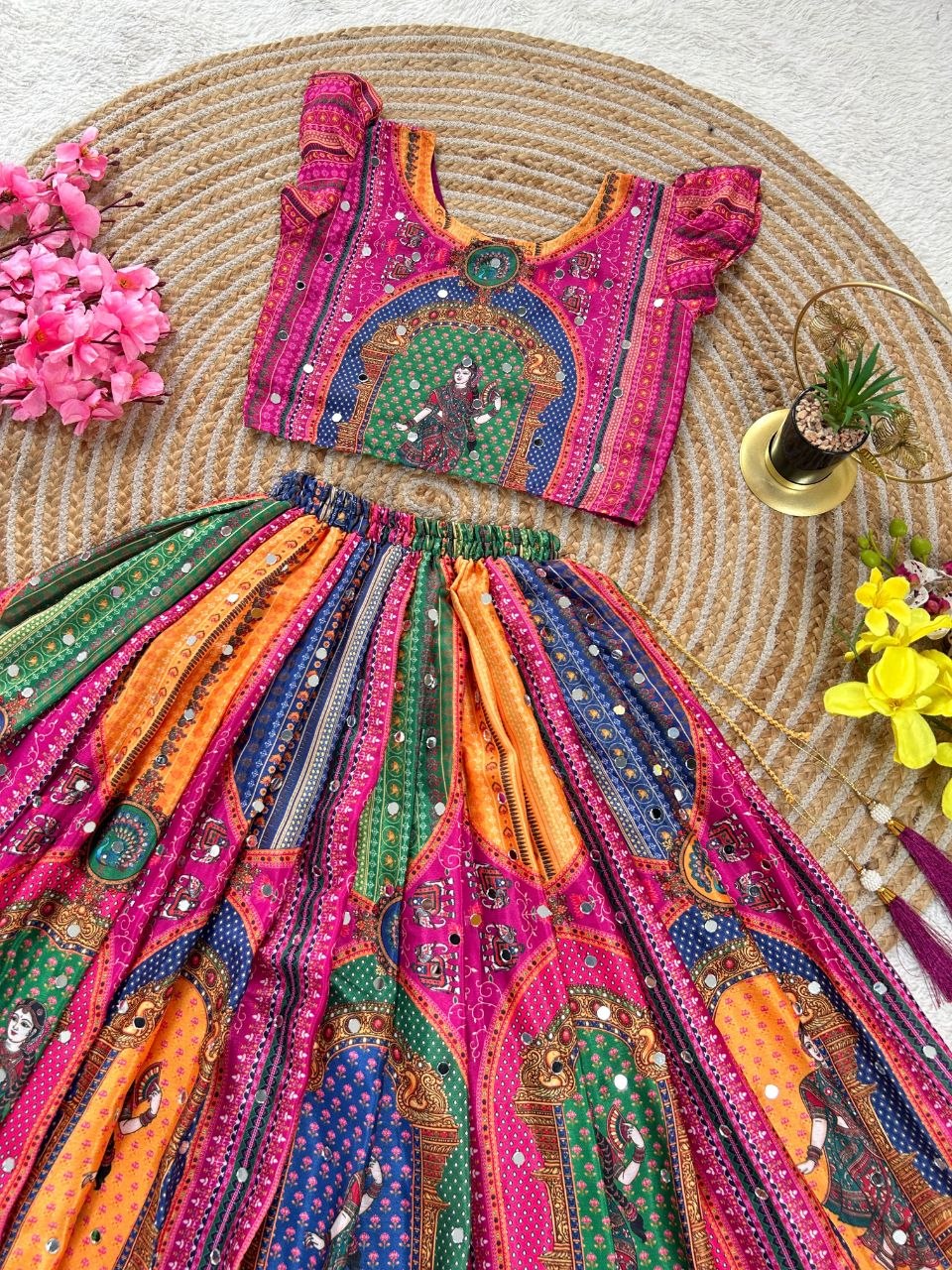 Navratri Designer Chinon Silk Lehenga Choli with Digital Print, Hand Mirror Work & Fancy Latkan Dori