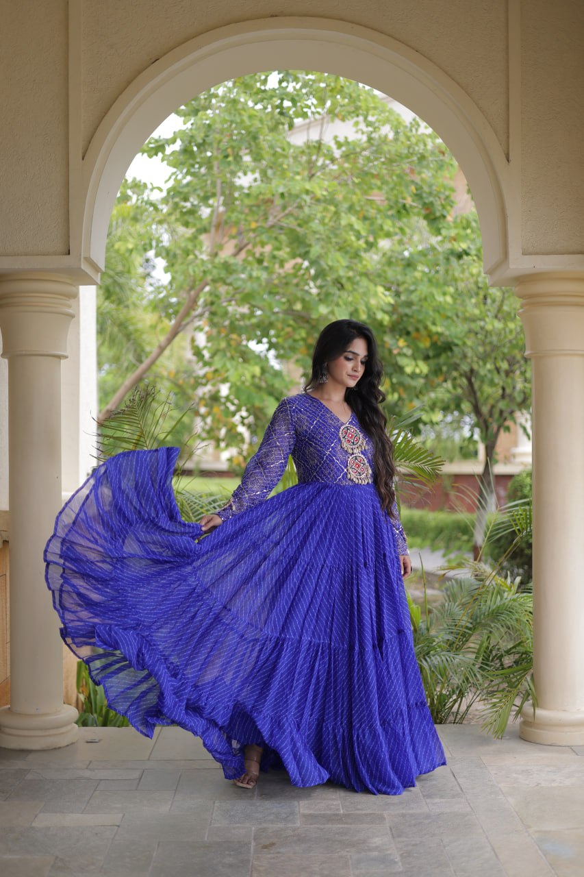 Nivara Navratri 2026 Faux Georgette Laheriya Gown with Kutchi Patchwork & 12 Meter Flair