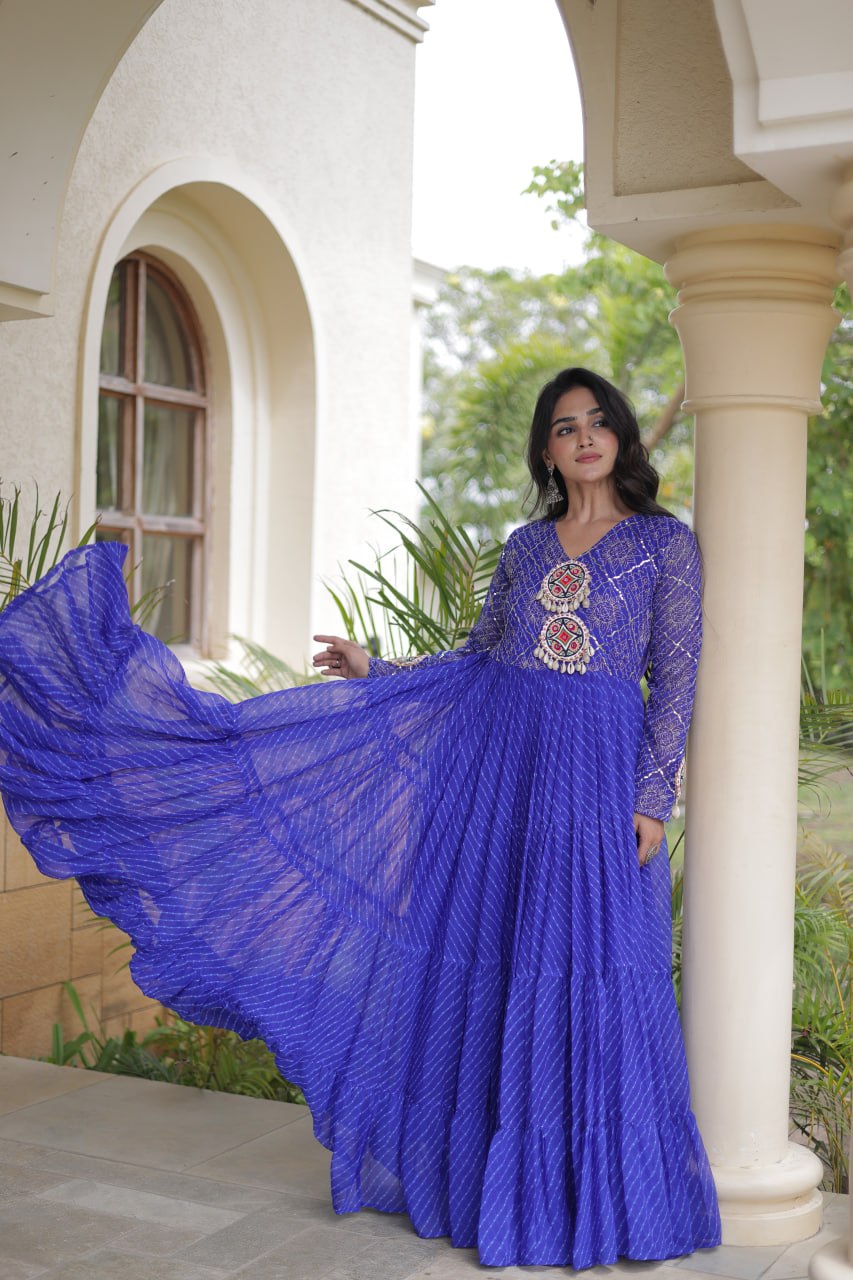 Nivara Navratri 2026 Faux Georgette Laheriya Gown with Kutchi Patchwork & 12 Meter Flair