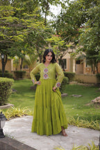 Nivara Navratri 2026 Faux Georgette Laheriya Gown with Kutchi Patchwork & 12 Meter Flair