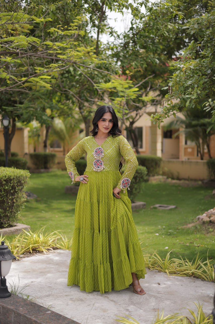 Nivara Navratri 2026 Faux Georgette Laheriya Gown with Kutchi Patchwork & 12 Meter Flair