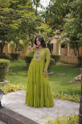 Nivara Navratri 2026 Faux Georgette Laheriya Gown with Kutchi Patchwork & 12 Meter Flair