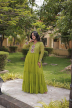 Nivara Navratri 2026 Faux Georgette Laheriya Gown with Kutchi Patchwork & 12 Meter Flair
