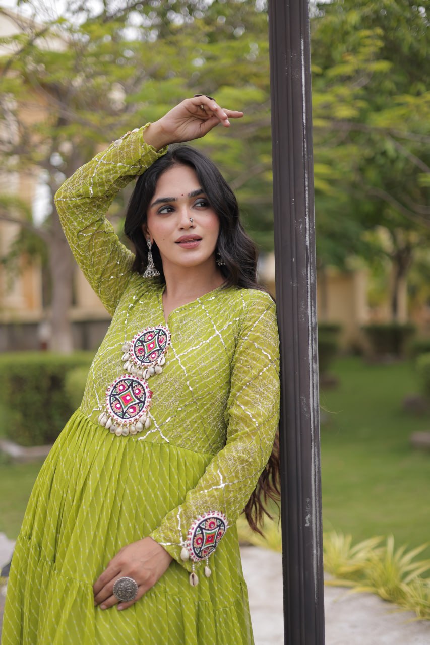 Nivara Navratri 2026 Faux Georgette Laheriya Gown with Kutchi Patchwork & 12 Meter Flair