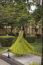 Nivara Navratri 2026 Faux Georgette Laheriya Gown with Kutchi Patchwork & 12 Meter Flair