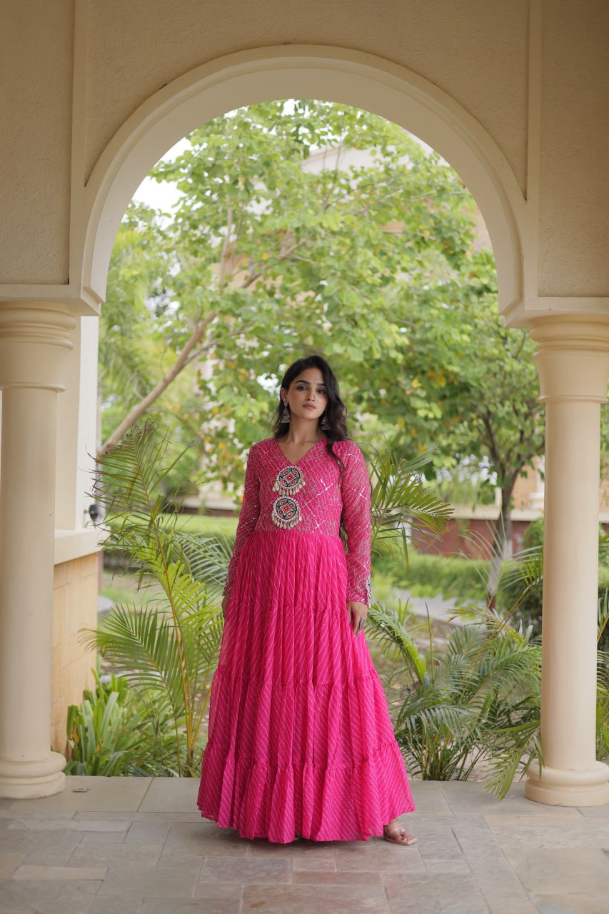 Nivara Navratri 2026 Faux Georgette Laheriya Gown with Kutchi Patchwork & 12 Meter Flair
