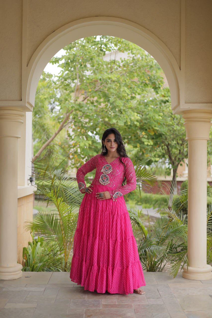 Nivara Navratri 2026 Faux Georgette Laheriya Gown with Kutchi Patchwork & 12 Meter Flair