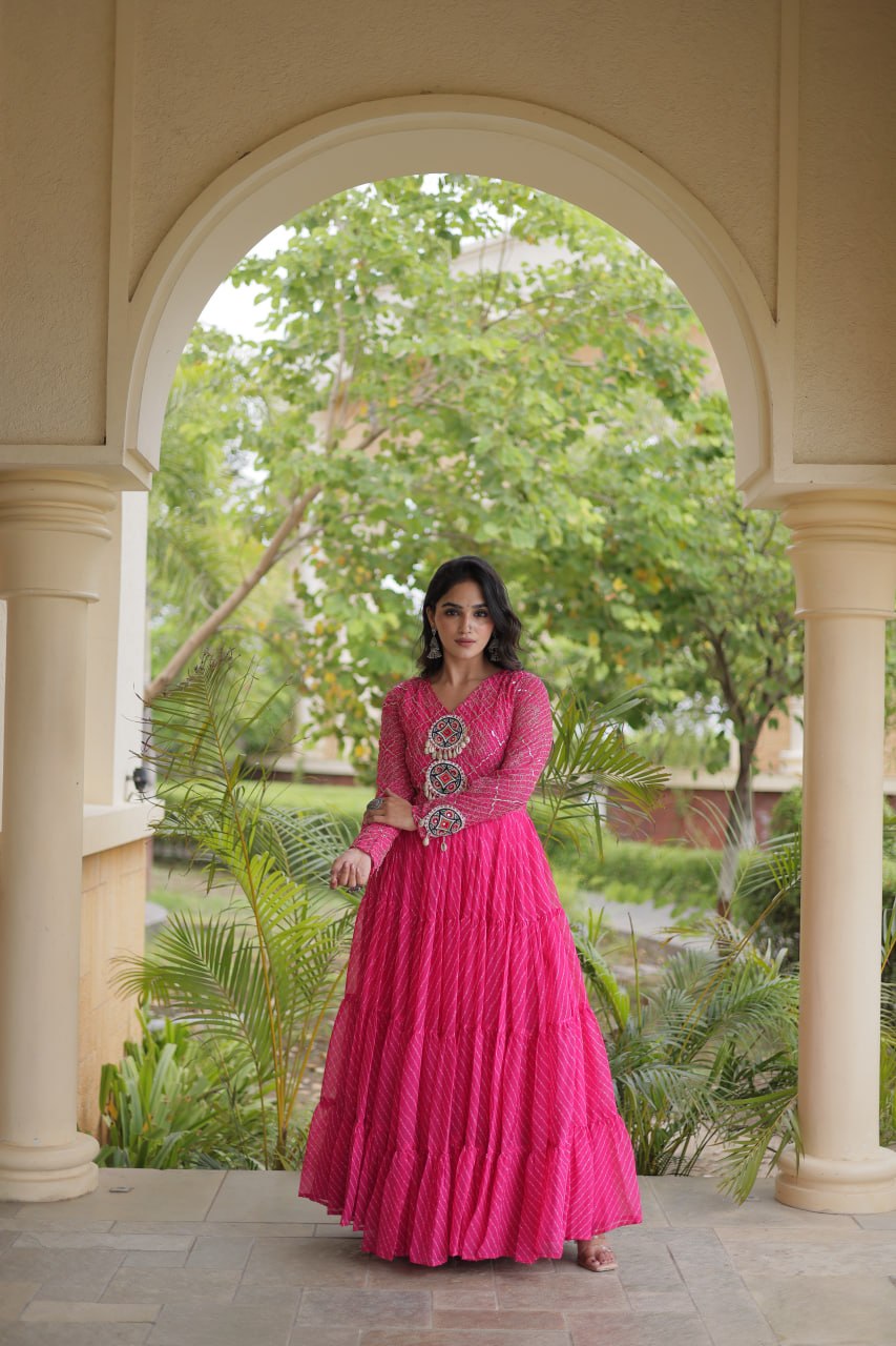Nivara Navratri 2026 Faux Georgette Laheriya Gown with Kutchi Patchwork & 12 Meter Flair