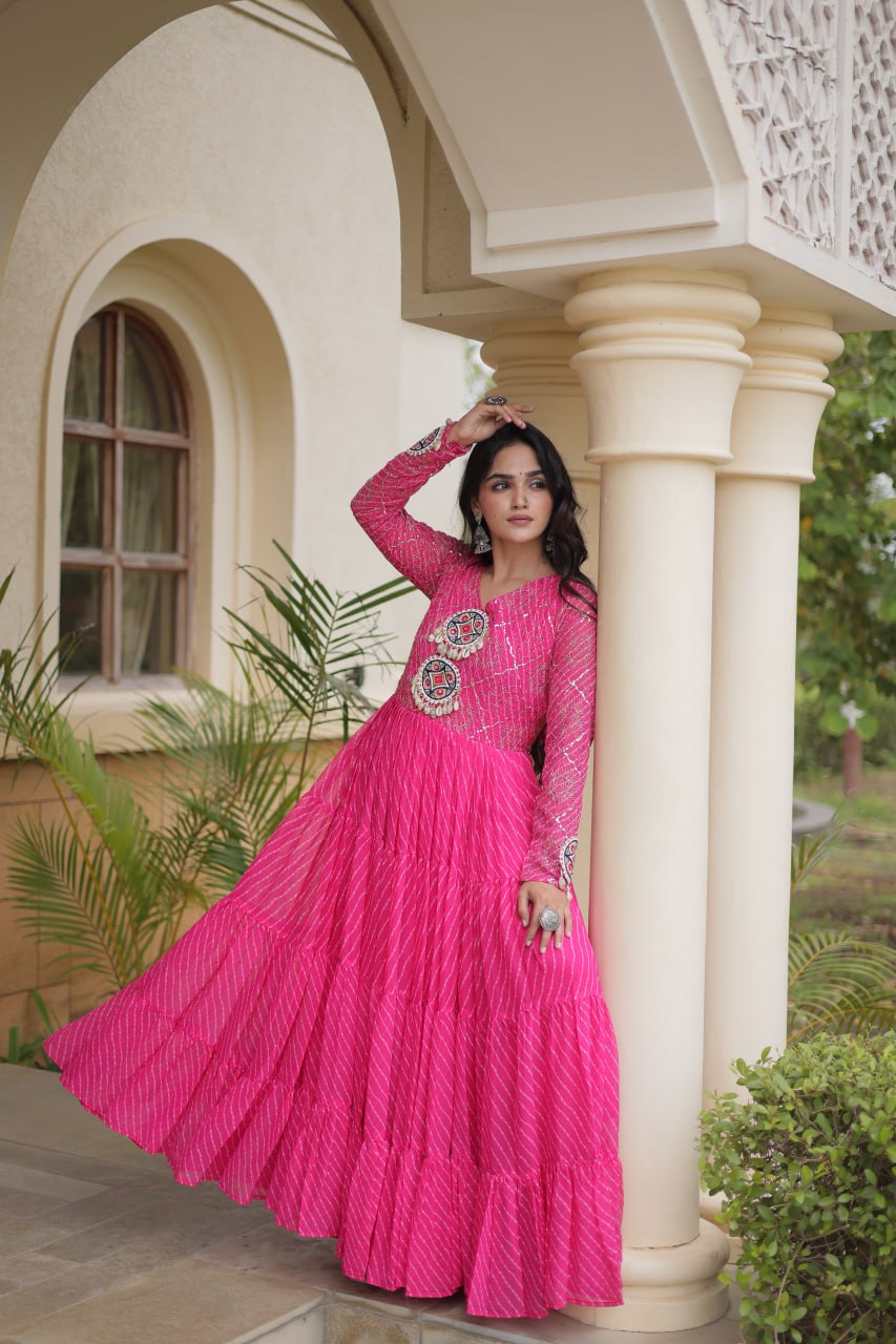 Nivara Navratri 2026 Faux Georgette Laheriya Gown with Kutchi Patchwork & 12 Meter Flair
