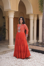 Nivara Navratri 2026 Faux Georgette Laheriya Gown with Kutchi Patchwork & 12 Meter Flair