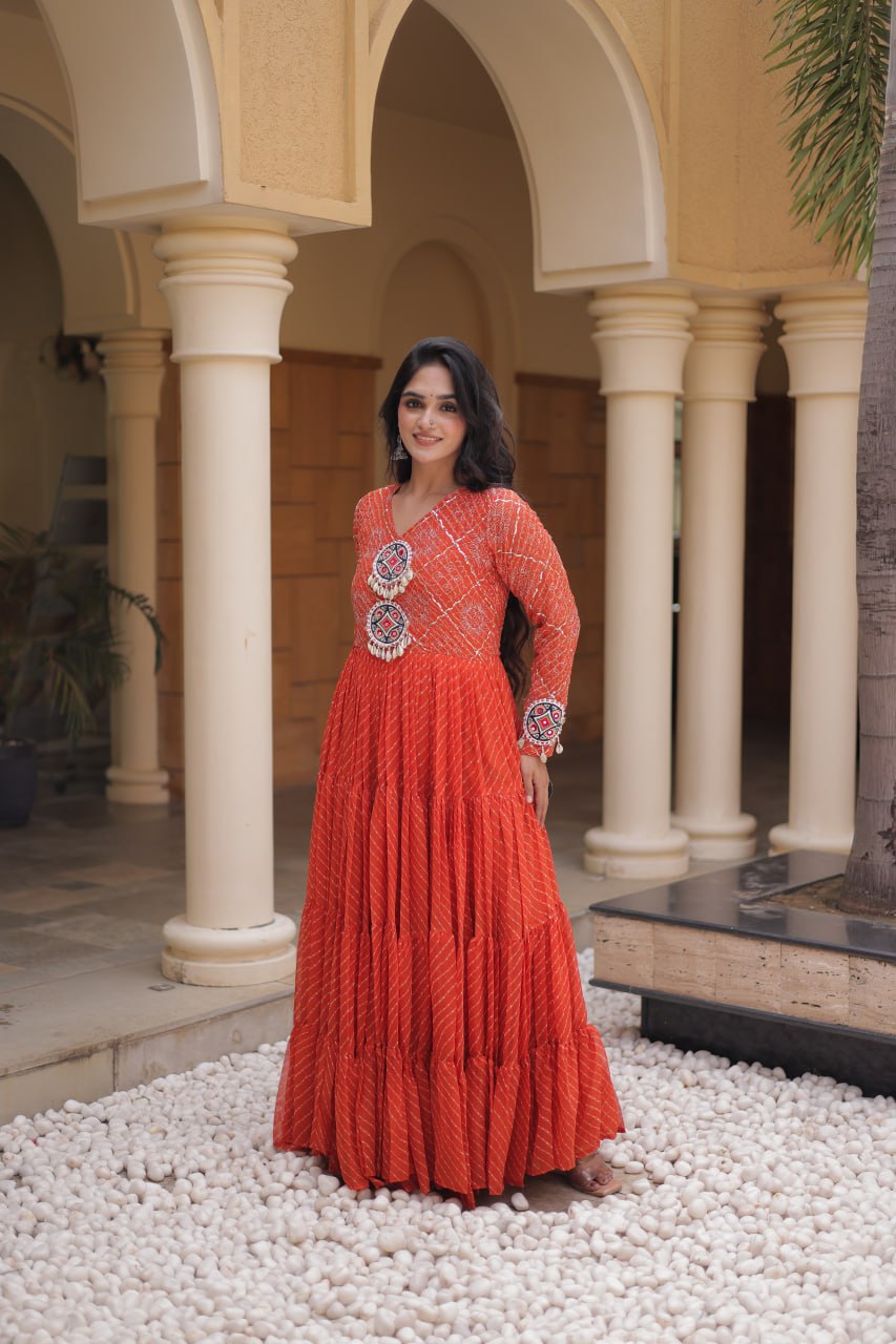 Nivara Navratri 2026 Faux Georgette Laheriya Gown with Kutchi Patchwork & 12 Meter Flair