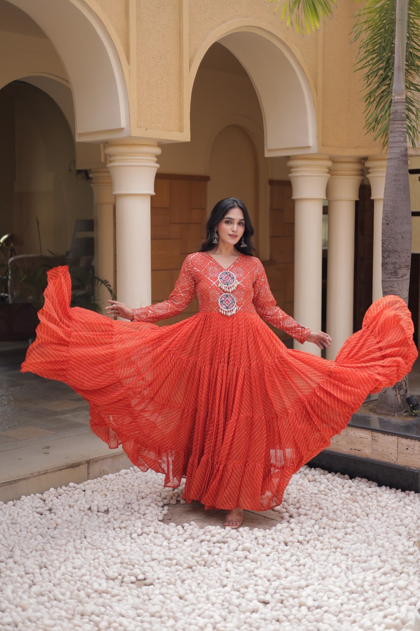Nivara Navratri 2026 Faux Georgette Laheriya Gown with Kutchi Patchwork & 12 Meter Flair