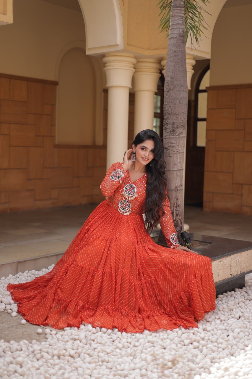 Nivara Navratri 2026 Faux Georgette Laheriya Gown with Kutchi Patchwork & 12 Meter Flair