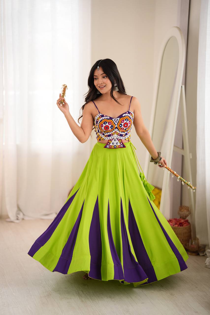 Zarmina Heavy Rayon Gota Patti Lehenga Choli with Lace Work, 6 Meter Flair & Mirror Embroidered Blouse