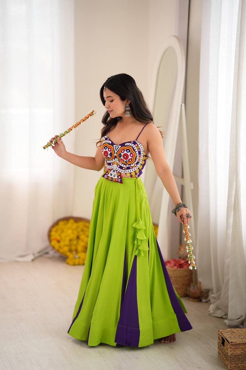 Zarmina Heavy Rayon Gota Patti Lehenga Choli with Lace Work, 6 Meter Flair & Mirror Embroidered Blouse