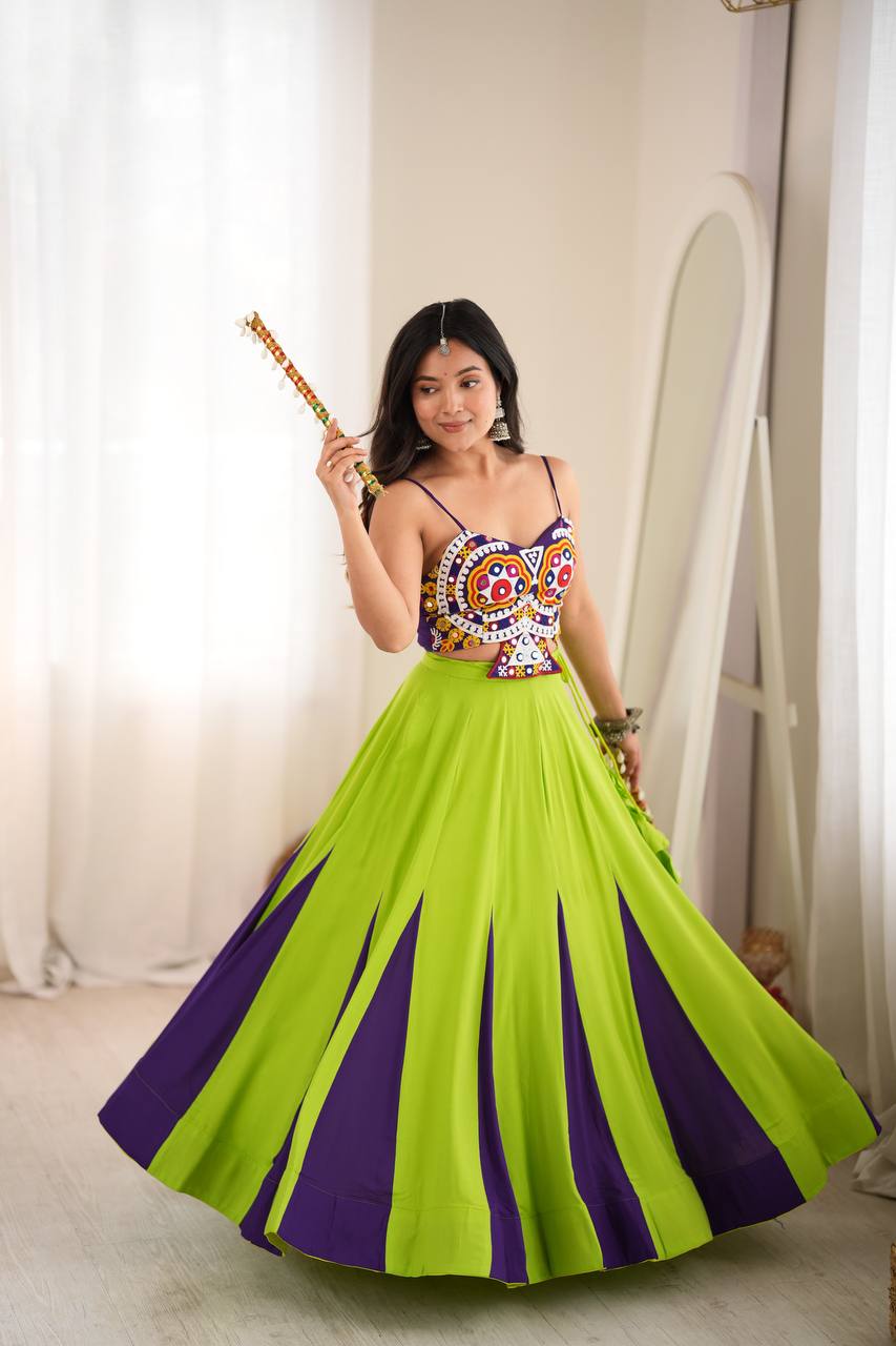 Zarmina Heavy Rayon Gota Patti Lehenga Choli with Lace Work, 6 Meter Flair & Mirror Embroidered Blouse