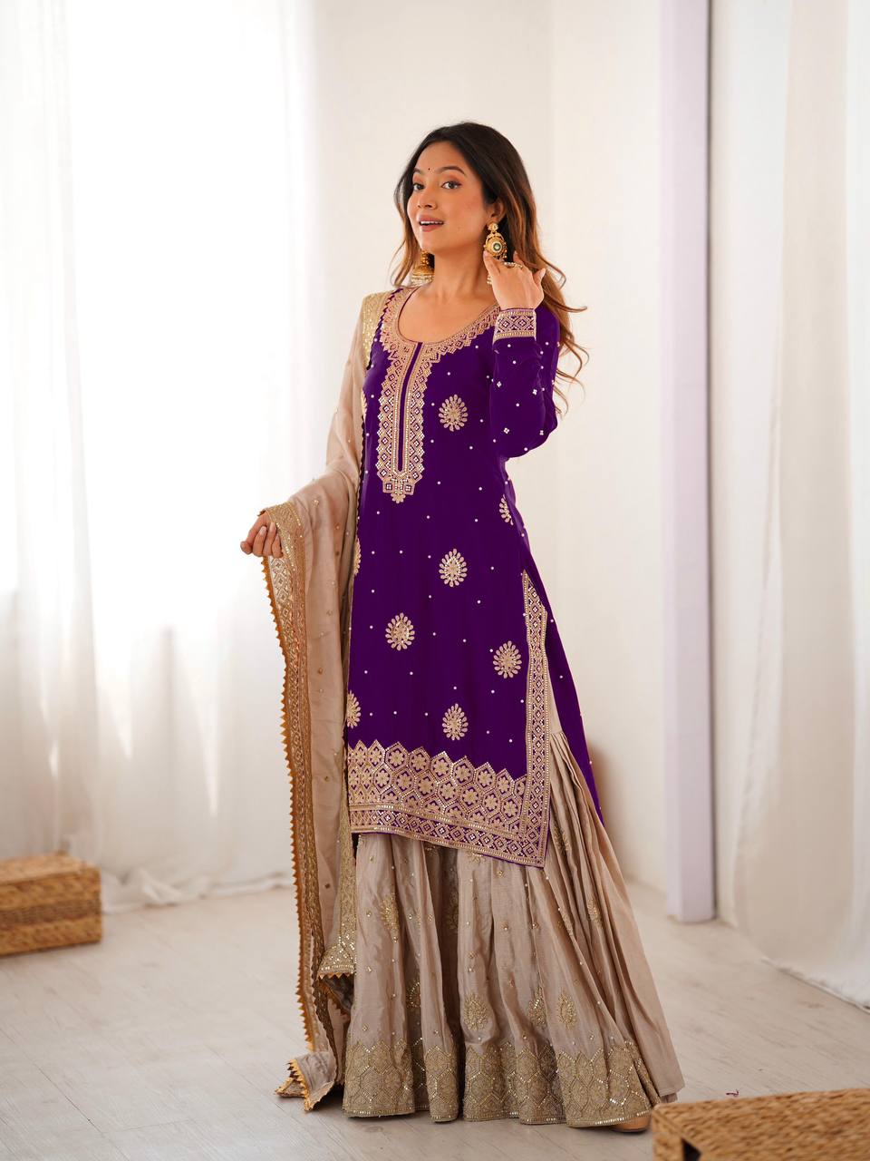Pearl Elegance Chinon Silk Embroidered Sharara Set with Dupatta