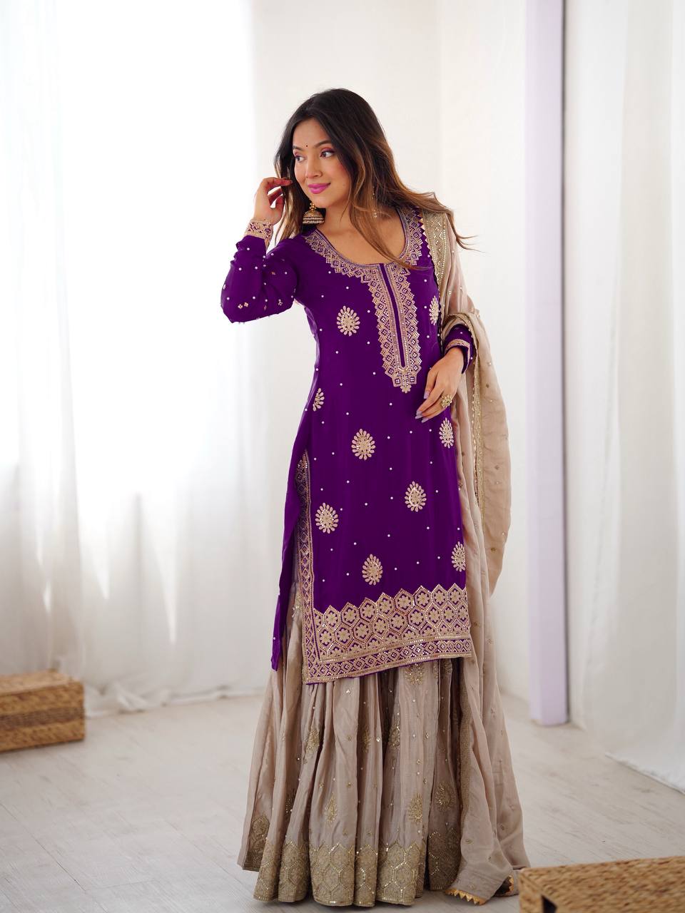 Pearl Elegance Chinon Silk Embroidered Sharara Set with Dupatta