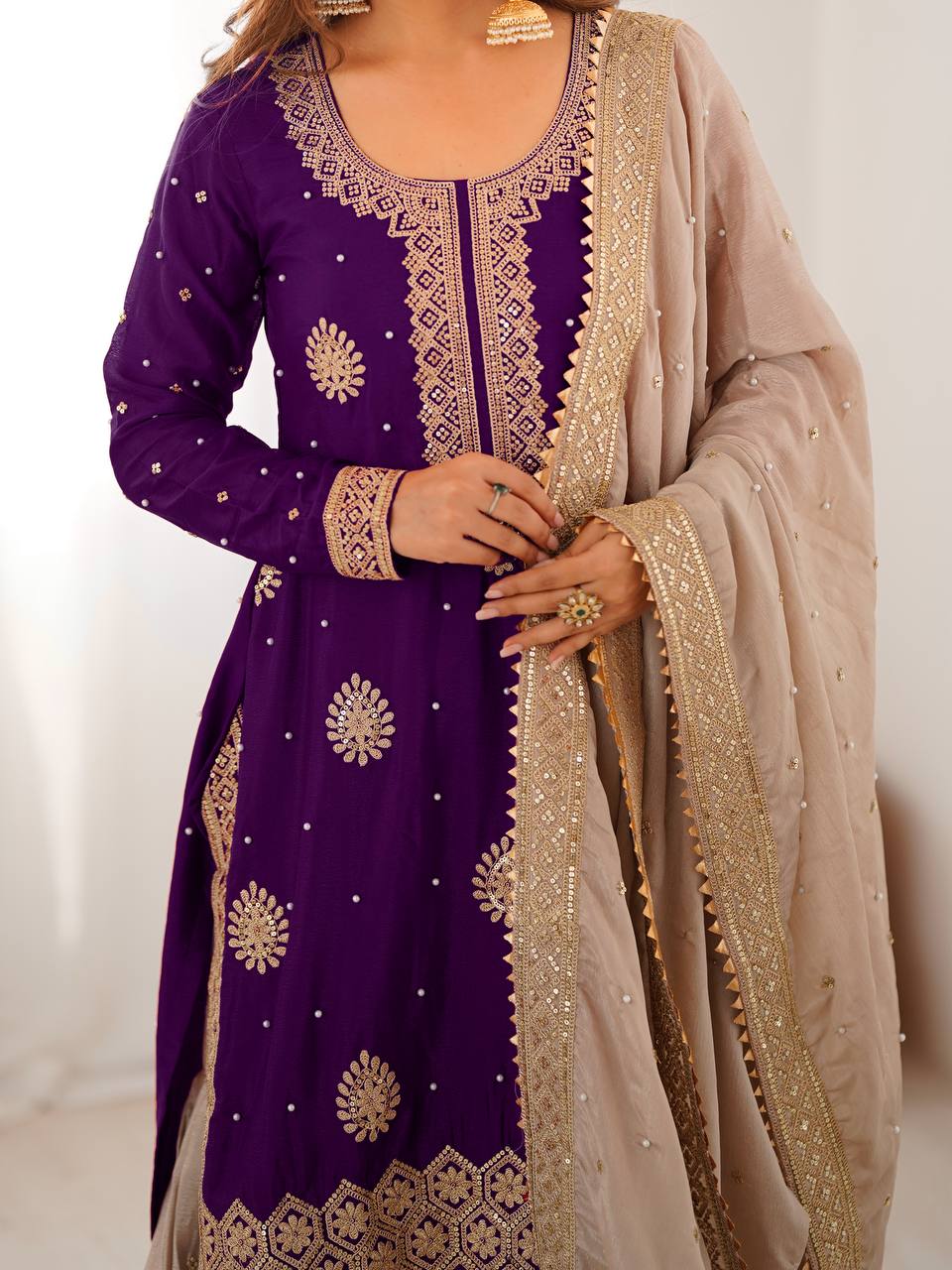 Pearl Elegance Chinon Silk Embroidered Sharara Set with Dupatta