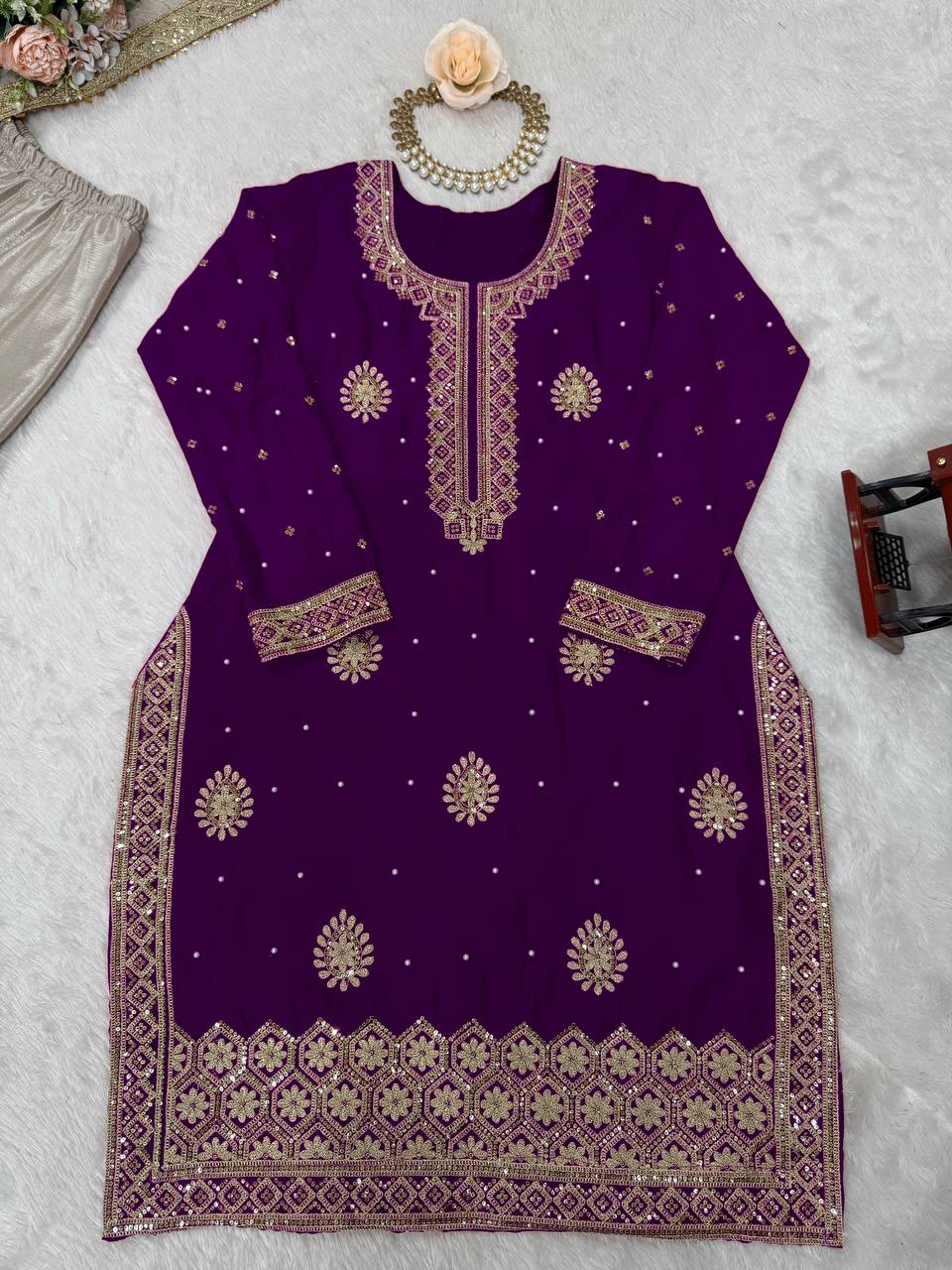 Pearl Elegance Chinon Silk Embroidered Sharara Set with Dupatta