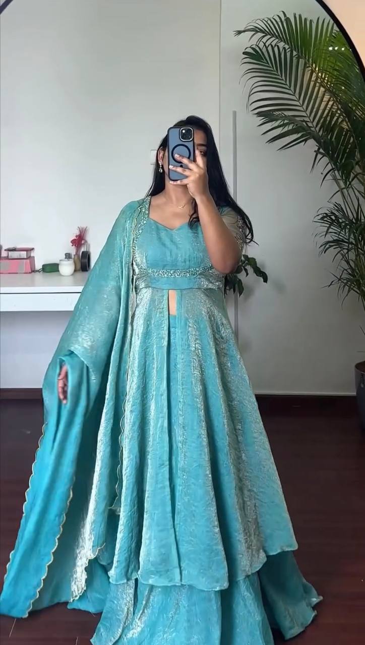 Designer Fendy Crush Hand Work Front-Slit Anarkali Suit with Heavy Flair Palazzo and Cut Work Dupatta 3-Piece Set