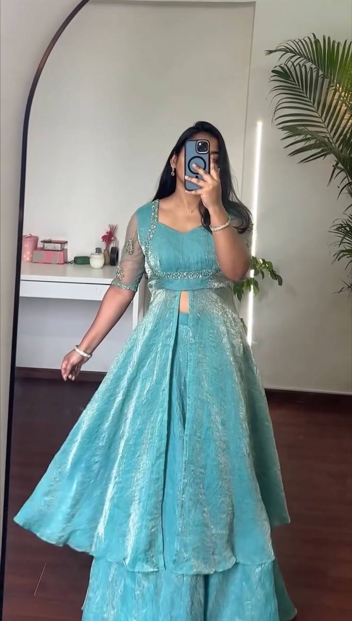 Designer Fendy Crush Hand Work Front-Slit Anarkali Suit with Heavy Flair Palazzo and Cut Work Dupatta 3-Piece Set