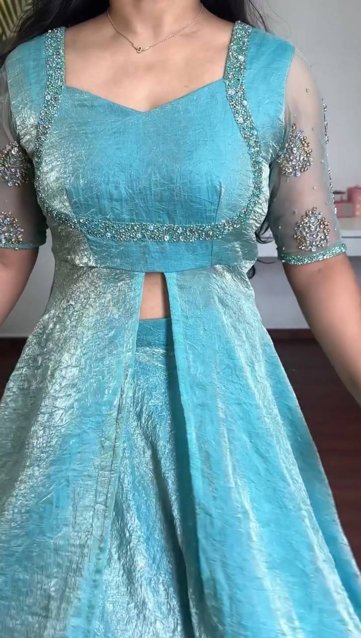 Designer Fendy Crush Hand Work Front-Slit Anarkali Suit with Heavy Flair Palazzo and Cut Work Dupatta 3-Piece Set