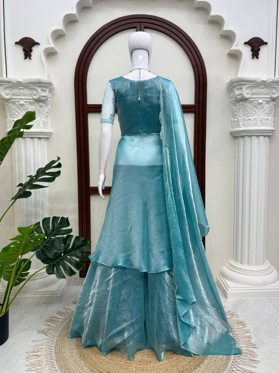 Designer Fendy Crush Hand Work Front-Slit Anarkali Suit with Heavy Flair Palazzo and Cut Work Dupatta 3-Piece Set