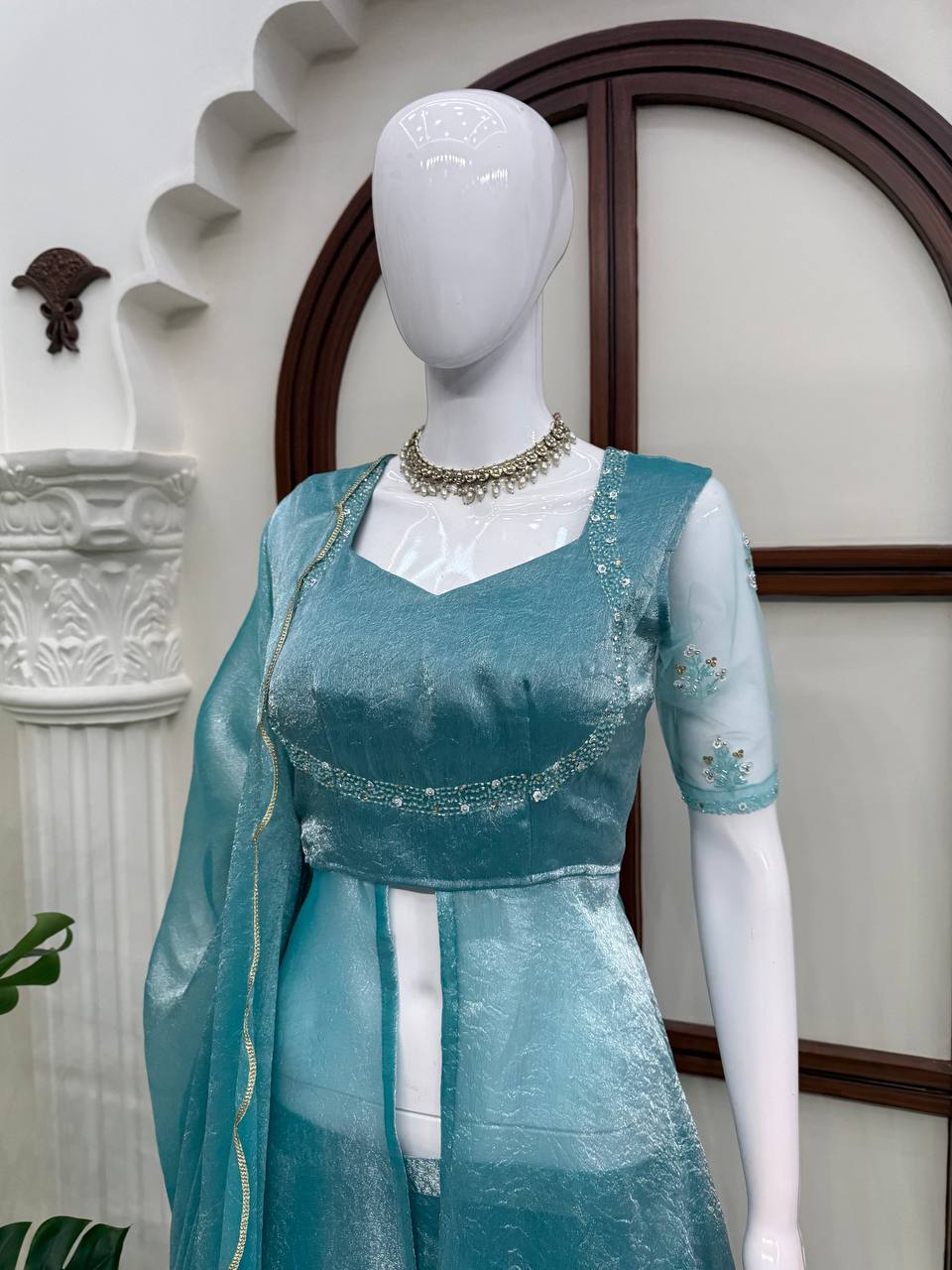 Designer Fendy Crush Hand Work Front-Slit Anarkali Suit with Heavy Flair Palazzo and Cut Work Dupatta 3-Piece Set