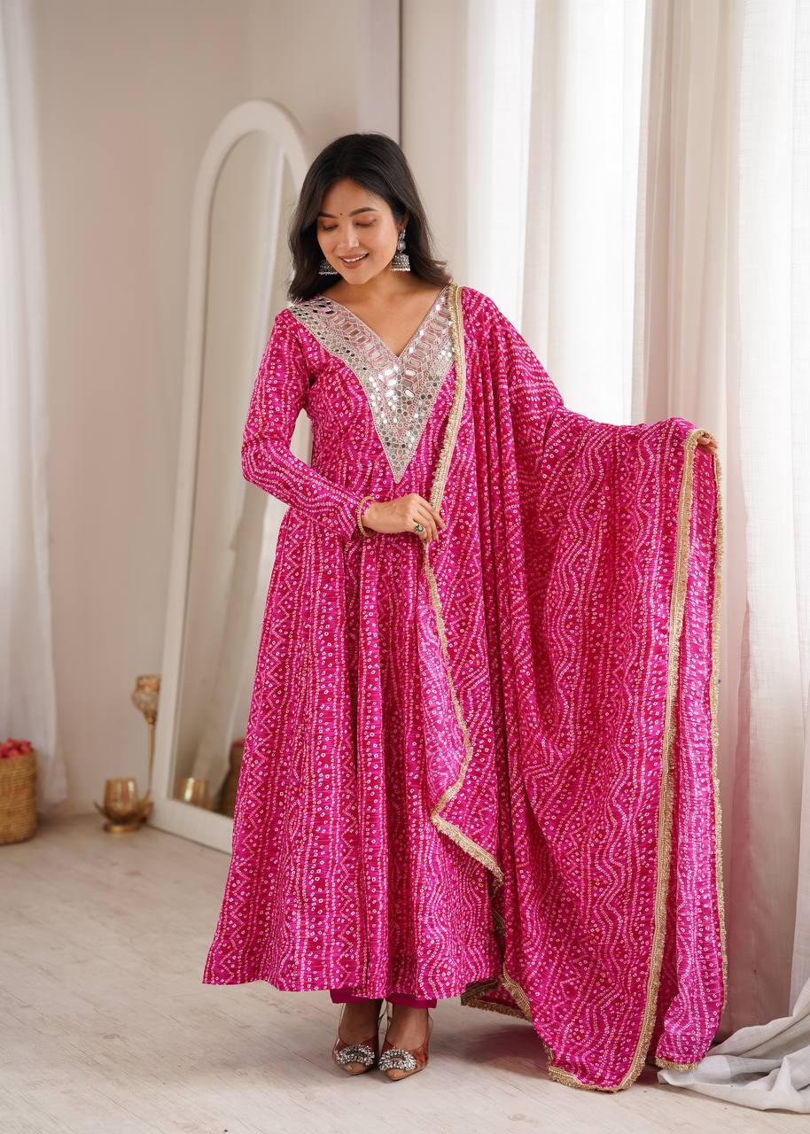 Rayesha Rayon Mirror Embroidered Anarkali with Pant & Golden Lace Dupatta