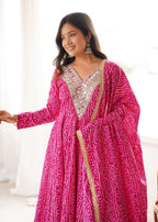 Rayesha Rayon Mirror Embroidered Anarkali with Pant & Golden Lace Dupatta