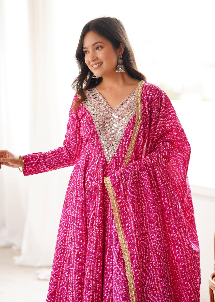 Rayesha Rayon Mirror Embroidered Anarkali with Pant & Golden Lace Dupatta