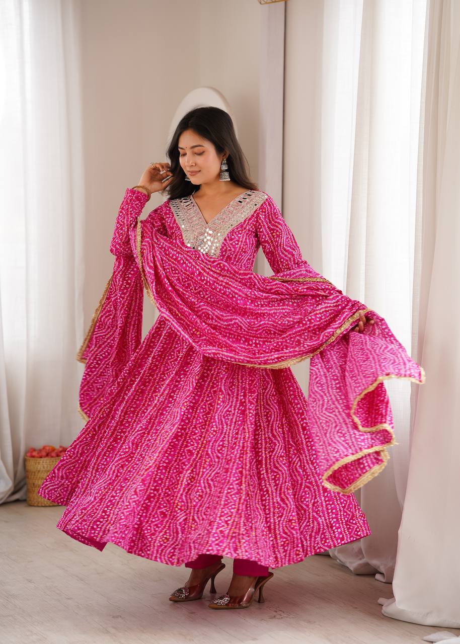 Rayesha Rayon Mirror Embroidered Anarkali with Pant & Golden Lace Dupatta
