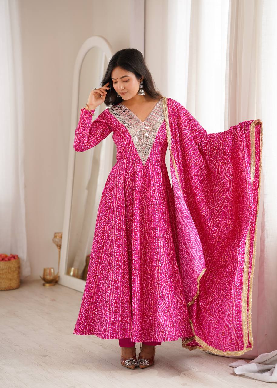Rayesha Rayon Mirror Embroidered Anarkali with Pant & Golden Lace Dupatta