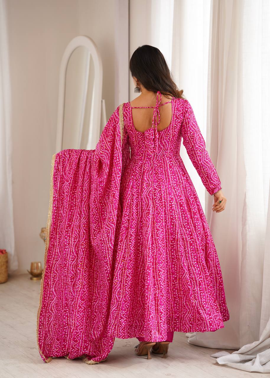 Rayesha Rayon Mirror Embroidered Anarkali with Pant & Golden Lace Dupatta