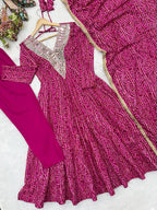 Rayesha Rayon Mirror Embroidered Anarkali with Pant & Golden Lace Dupatta