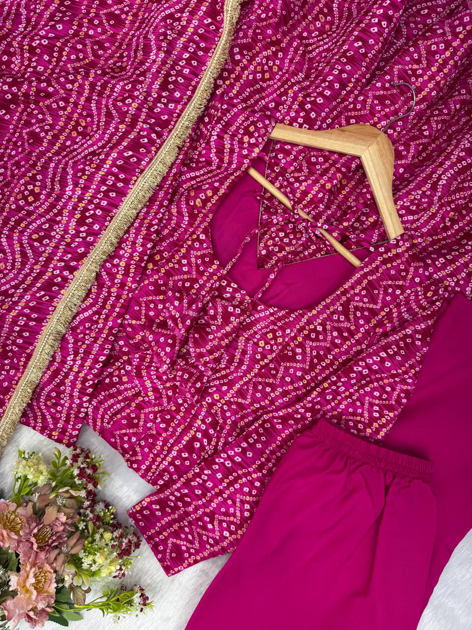 Rayesha Rayon Mirror Embroidered Anarkali with Pant & Golden Lace Dupatta