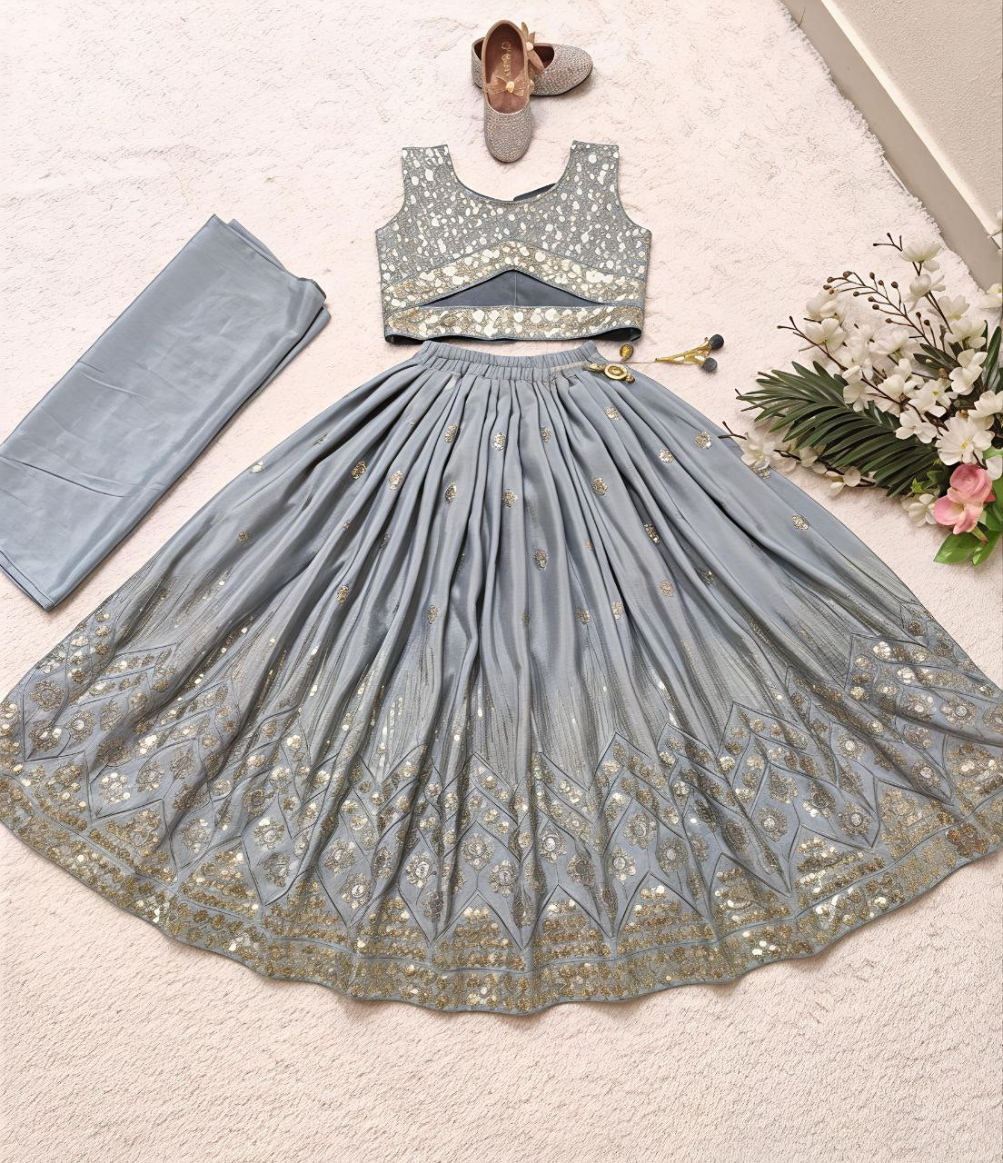 Myraani Faux Georgette Multi 5mm Sequins Embroidered Lehenga Choli with Dupatta