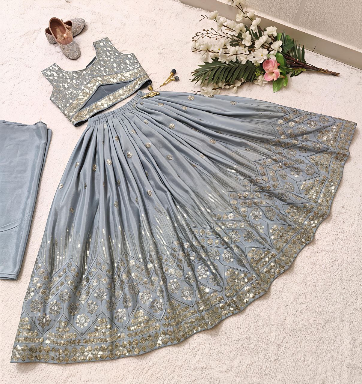 Myraani Faux Georgette Multi 5mm Sequins Embroidered Lehenga Choli with Dupatta