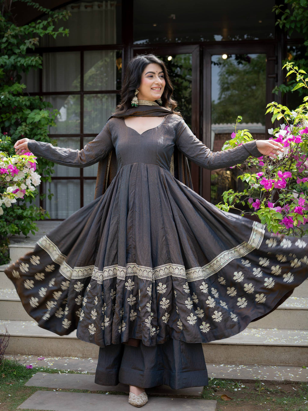 Zariya Wine Vichitra Silk Embroidered Anarkali Suit