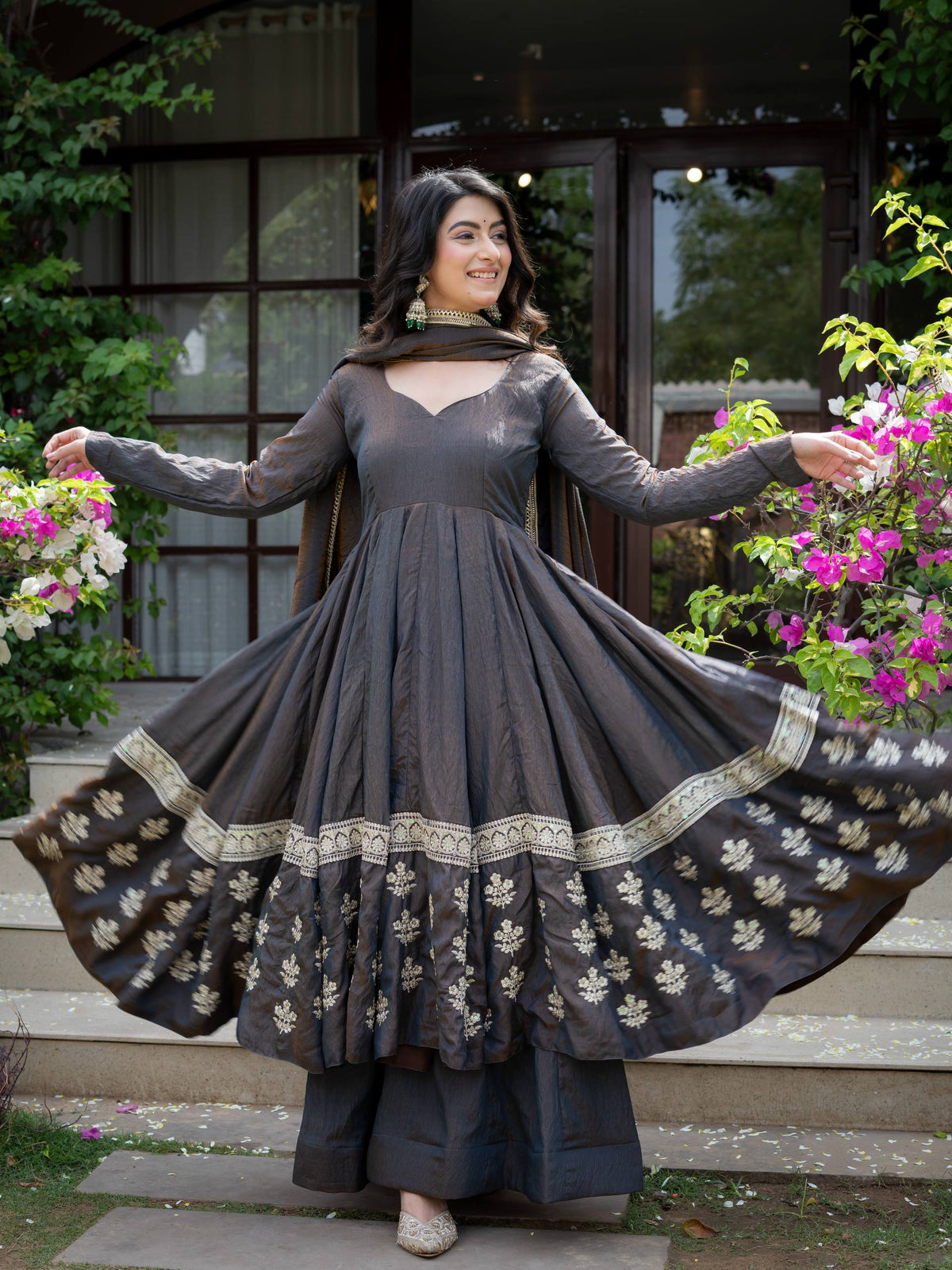 Zariya Wine Vichitra Silk Embroidered Anarkali Suit