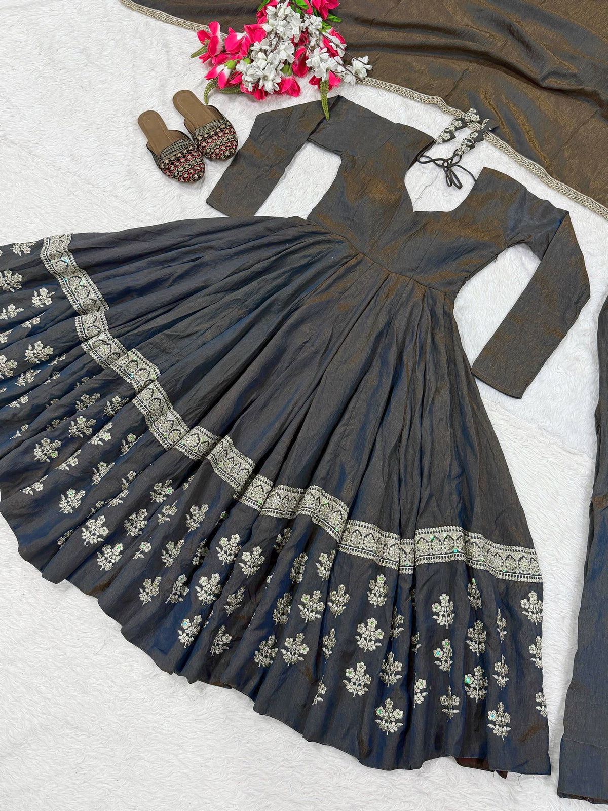 Zariya Wine Vichitra Silk Embroidered Anarkali Suit