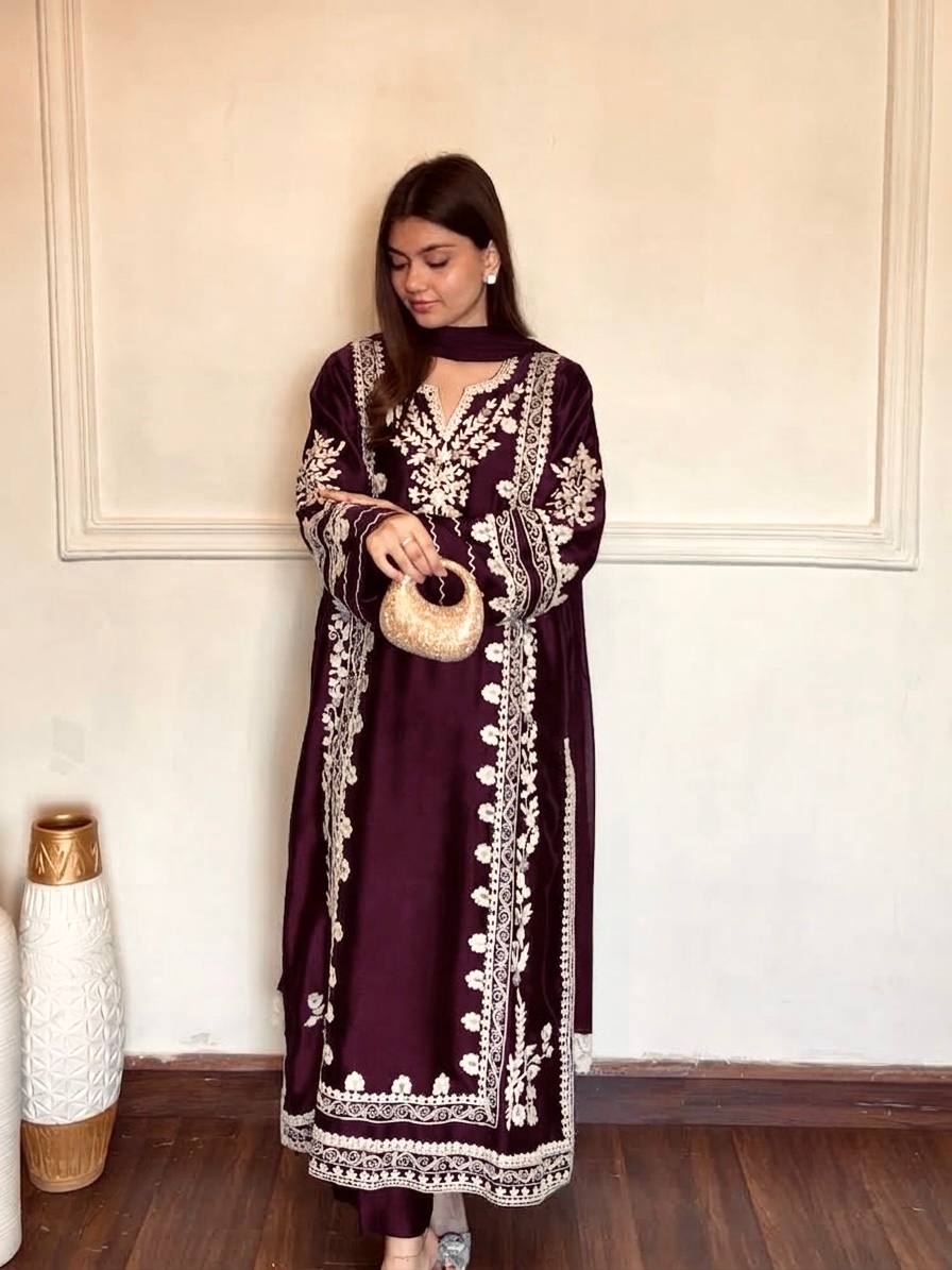 Aafreen Satin Rayon Embroidered Oversized Kaftan Set