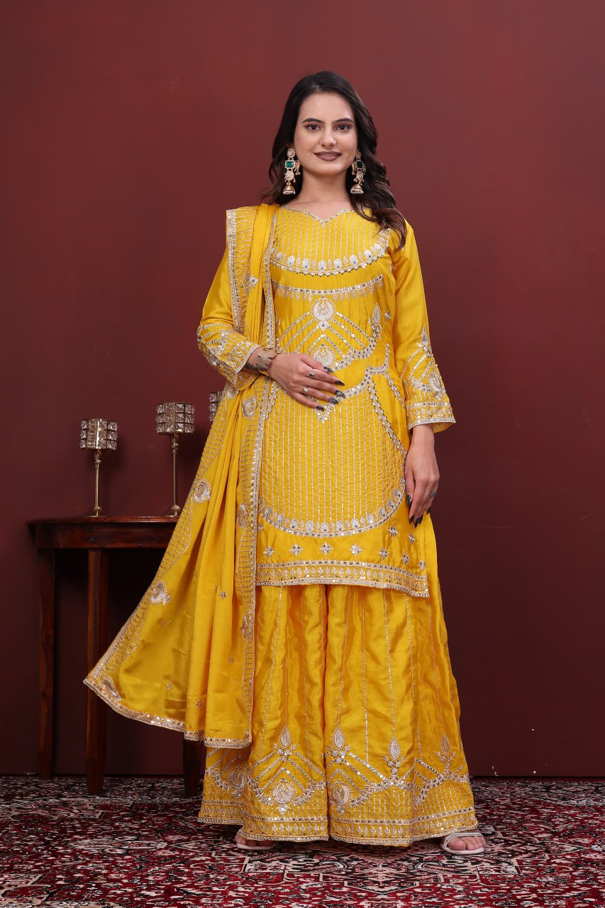 Nyra Chinon Sequins Embroidered Sharara Suit with Dupatta