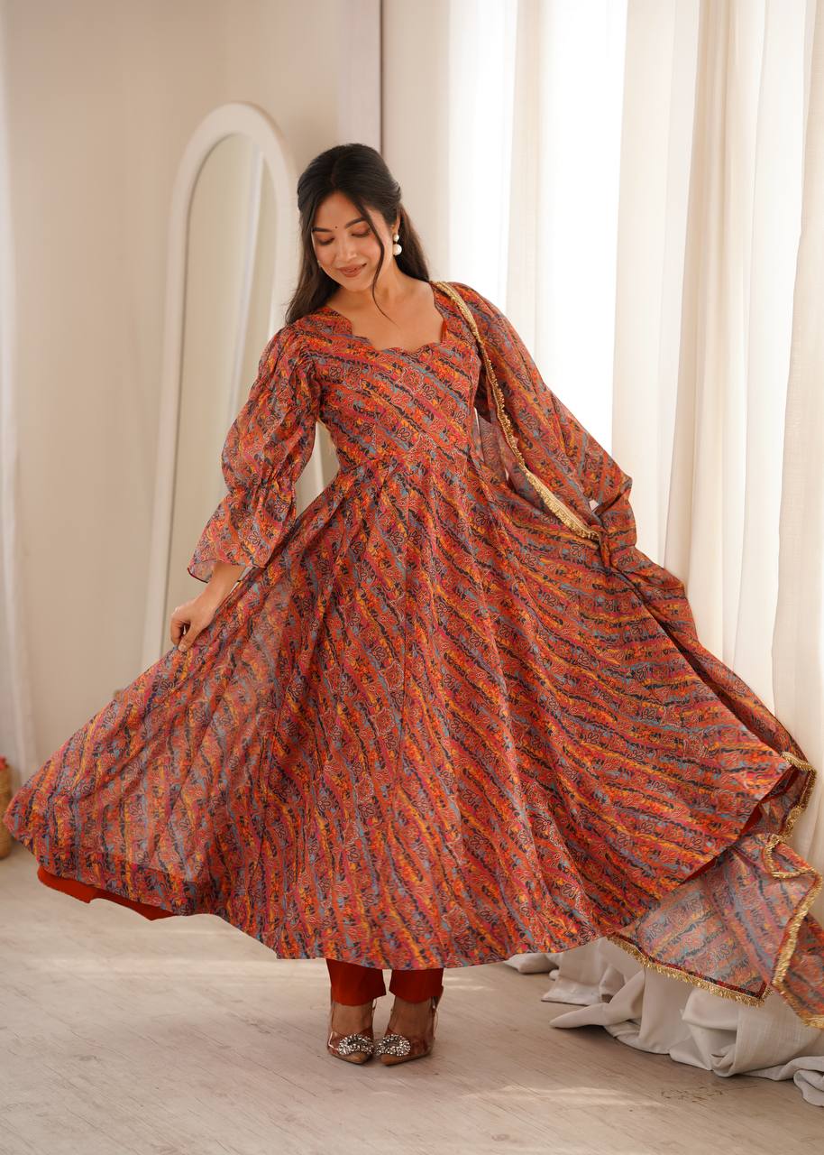 Zariya Tebi Organza Anarkali with Pant & Golden Lace Dupatta