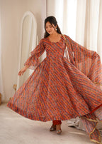 Zariya Tebi Organza Anarkali with Pant & Golden Lace Dupatta