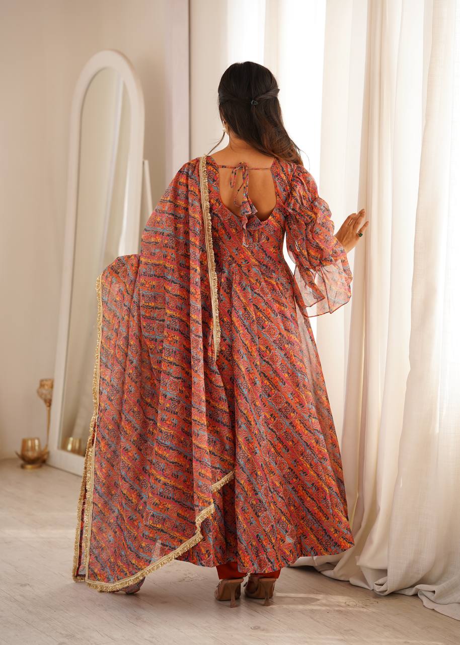 Zariya Tebi Organza Anarkali with Pant & Golden Lace Dupatta