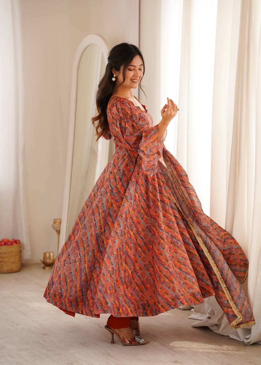 Zariya Tebi Organza Anarkali with Pant & Golden Lace Dupatta